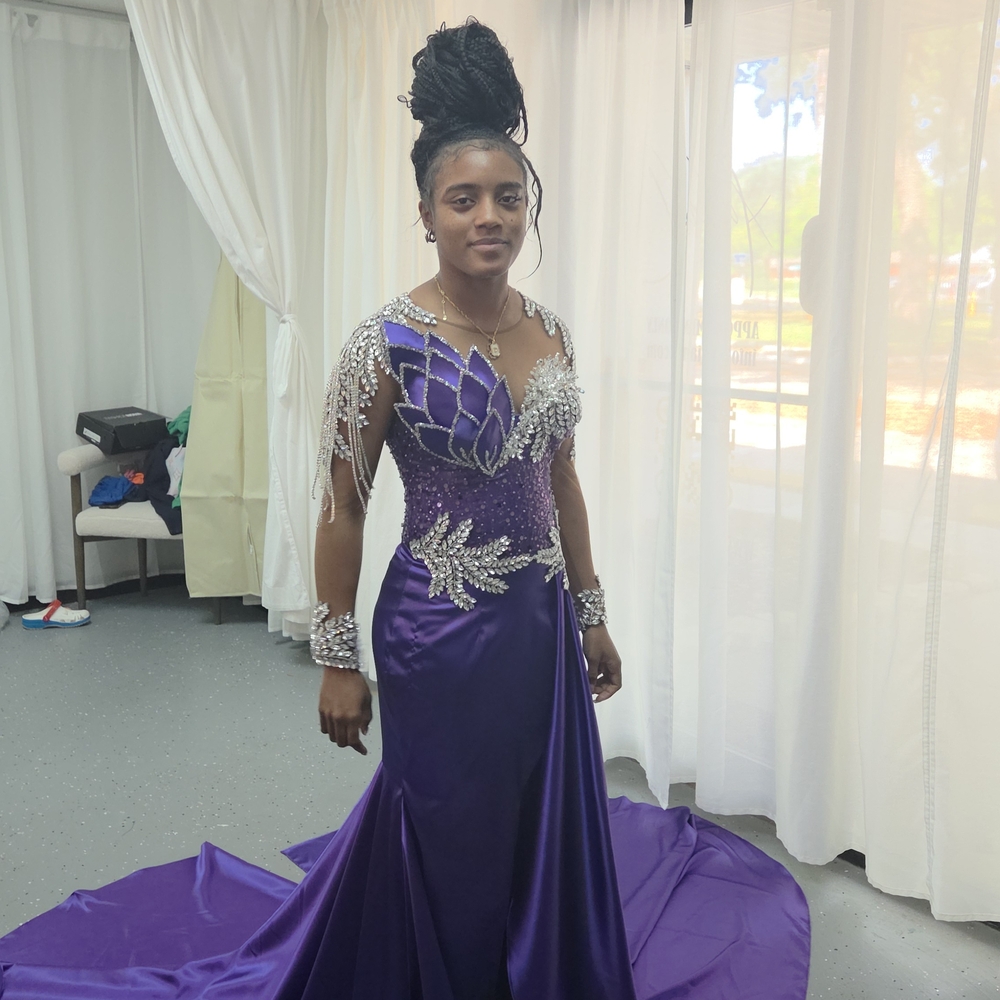 Glamorous Purple and Silver Long Sleeve Prom Gown (Comes With Dress Bag)